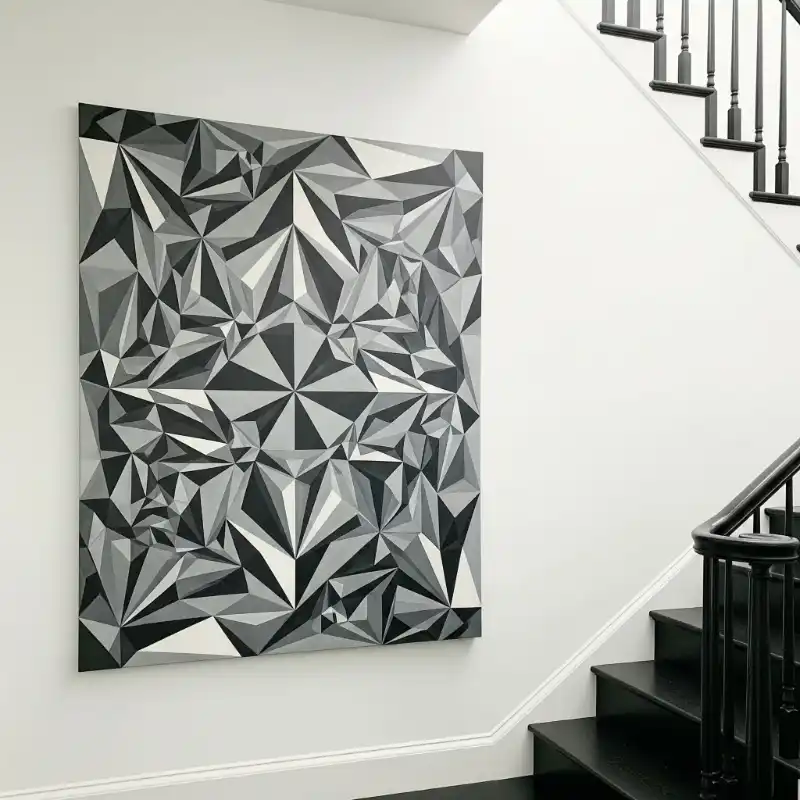 Tranh treo cầu thang tranh trừu tượng cạnh cầu thang đen.