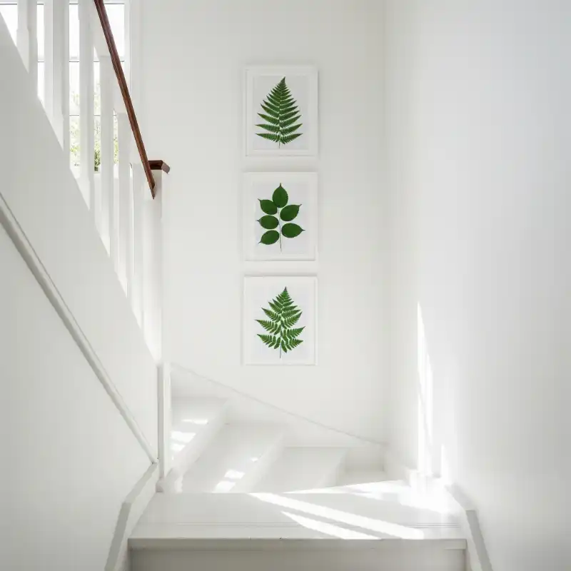 Tranh treo cầu thang cầu thang trắng điểm lá xanh.