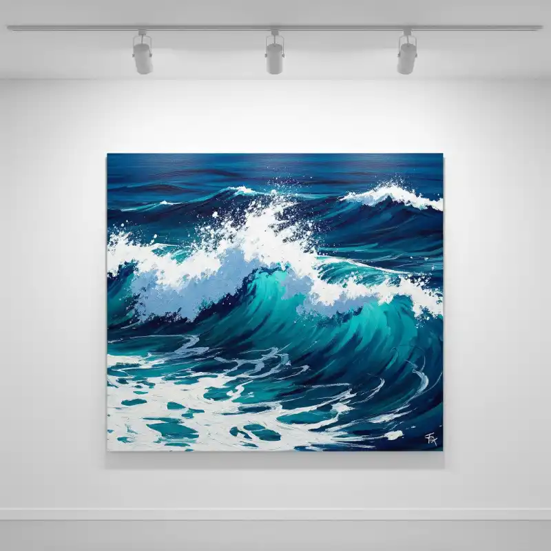 Tranh biển tả thực con sóng lớn đang cuộn trào mạnh mẽ.