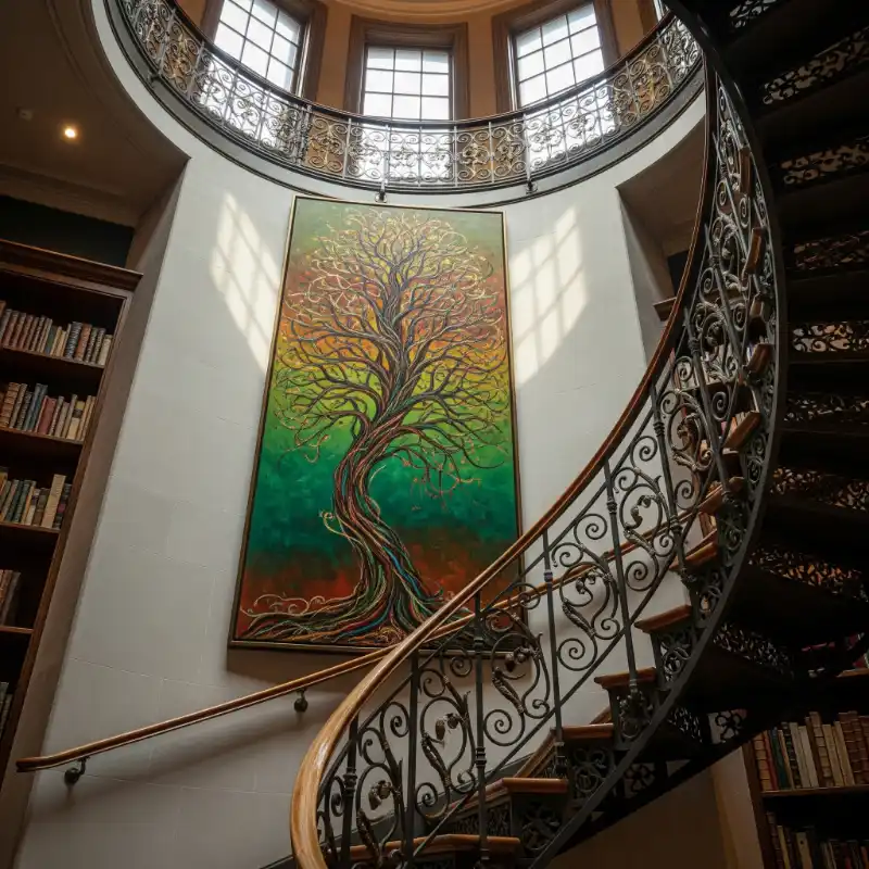 Tranh treo cầu thang cây rực rỡ bên cầu thang xoắn