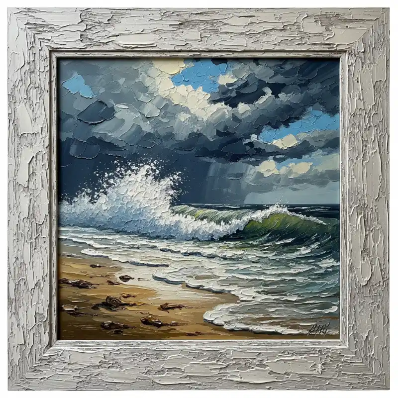 Tranh biển sơn dầu đắp nổi cảnh sóng biển ngày giông bão.