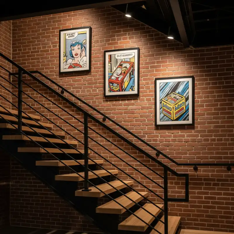 Tranh treo cầu thang cầu thang gỗ, tường gạch, tranh truyện.
