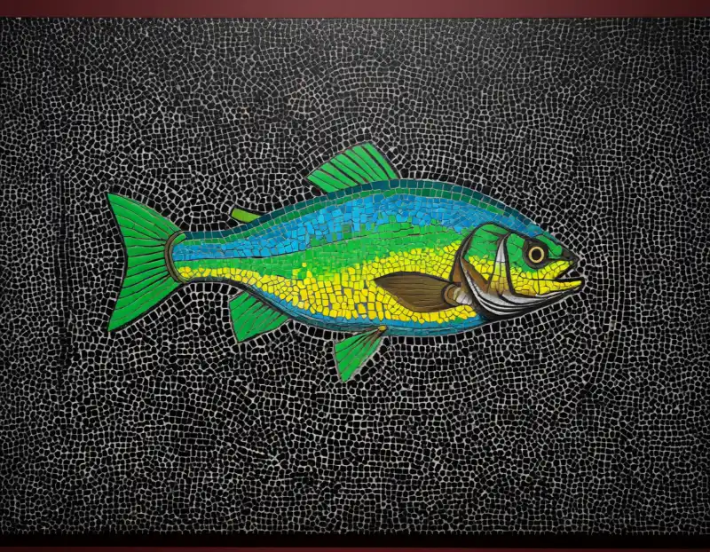 Tranh mosaic cá xanh vàng trên nền đen