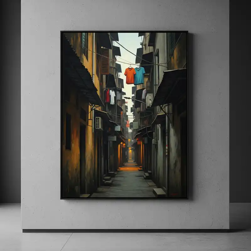 Tranh Phố Cổ Hà Nội con hẻm sâu, vắng lặng.