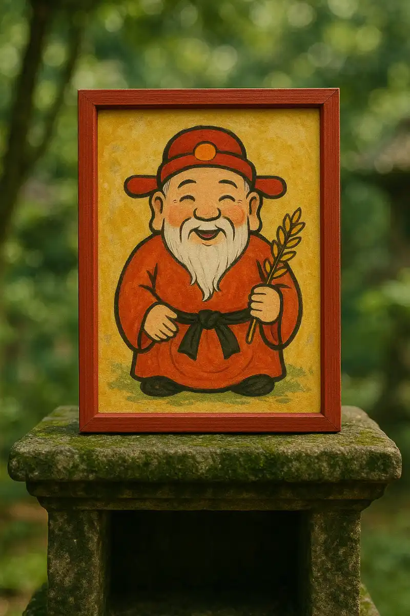 Tranh thờ ông Thọ tay cầm cành lúa.