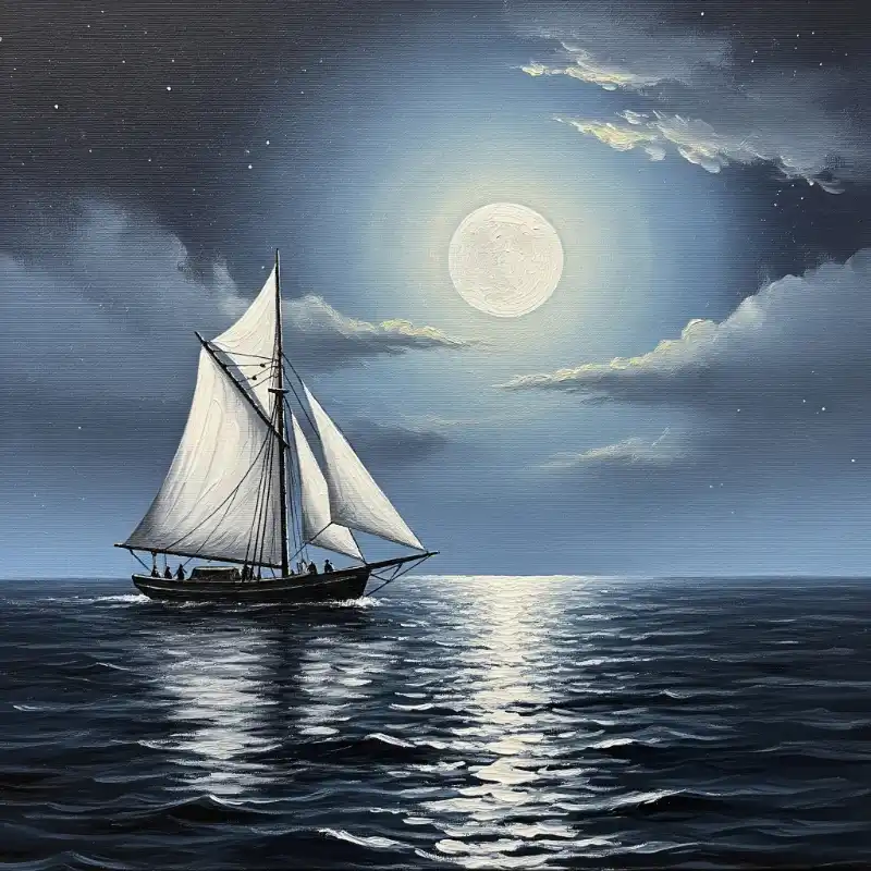 Tranh Thuận Buồm Xuôi Gió thuyền buồm lướt sóng dưới trăng