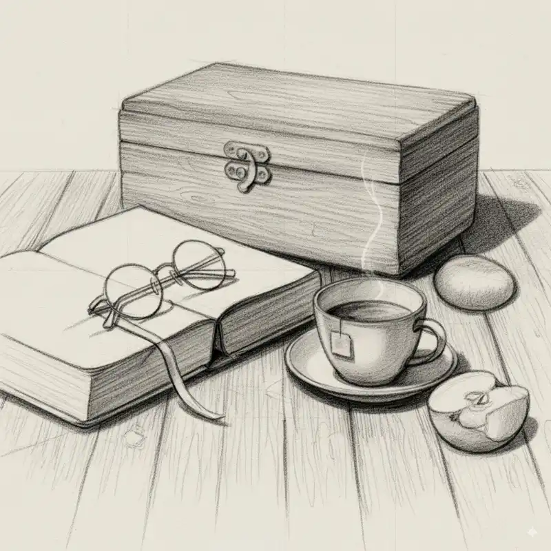 Tranh tĩnh vật hộp, sách, trà, táo vẽ chì