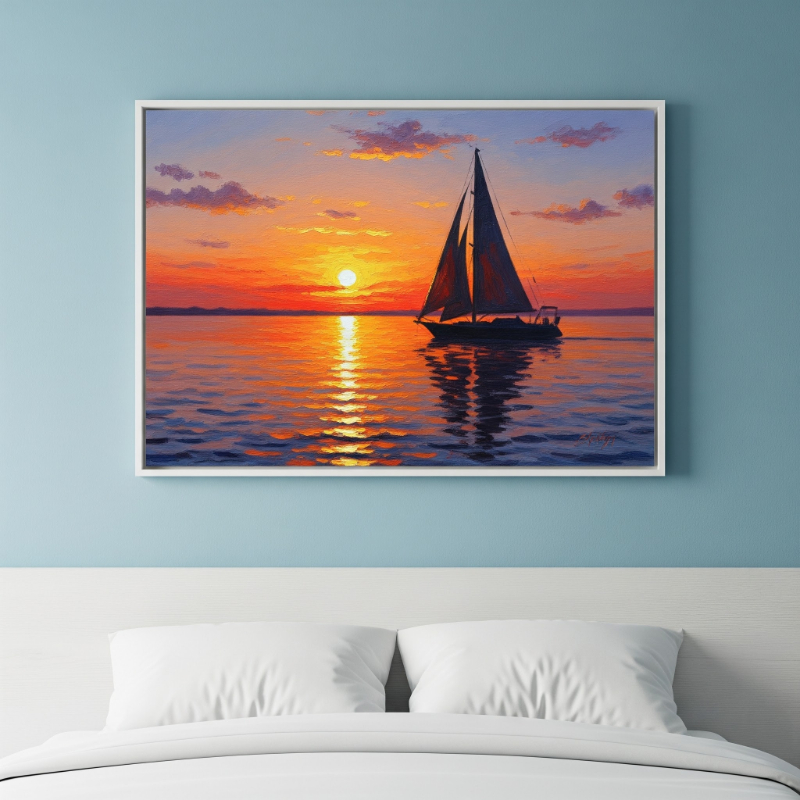 Tranh thuận buồm xuôi gió thuyền buồm lúc hoàng hôn tĩnh lặng