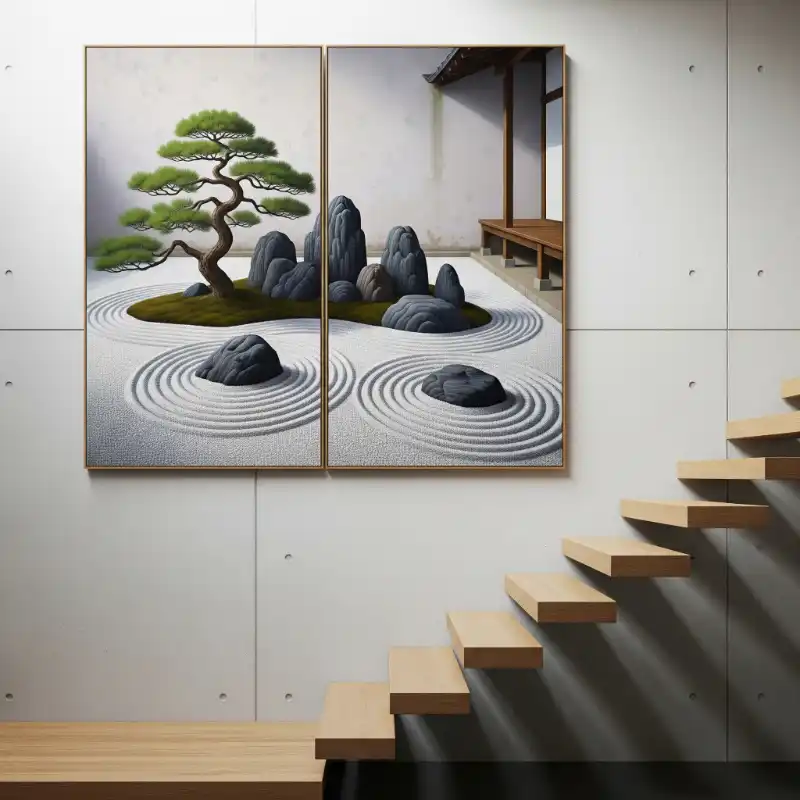 Tranh treo cầu thang vườn đá Zen cạnh cầu thang gỗ.
