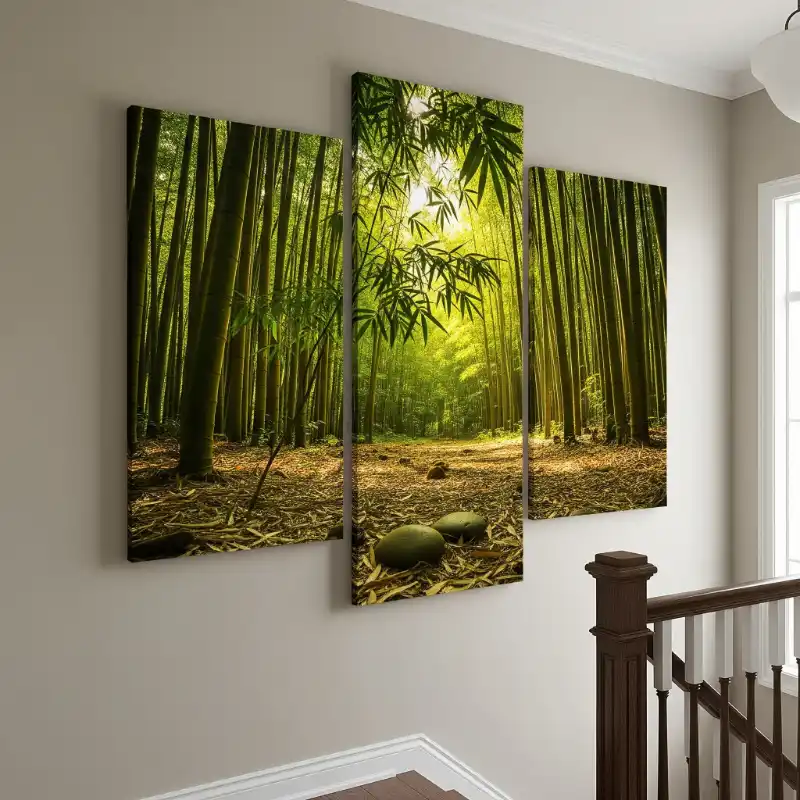 Tranh treo cầu thang rừng tre xanh ngát, nắng vàng