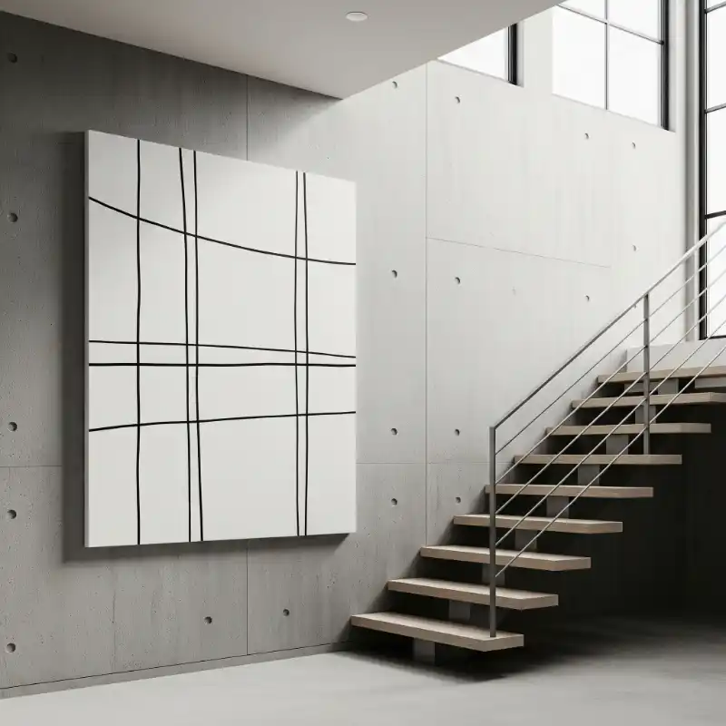 Tranh treo cầu thang bức họa sọc đen trắng cạnh bậc thang