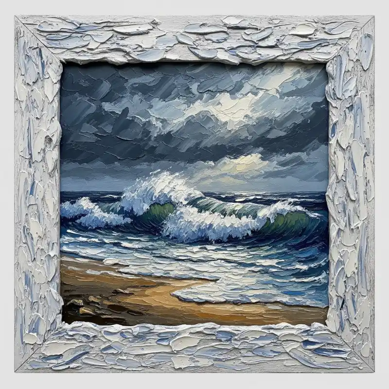 Tranh biển sơn dầu cổ điển cảnh sóng xô ghềnh đá.