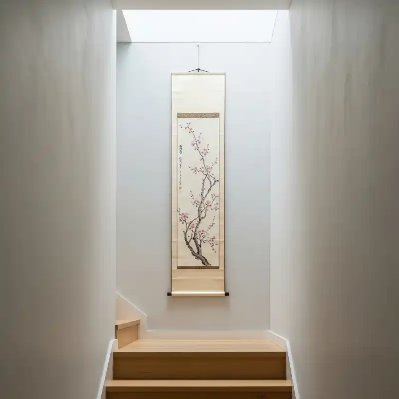 Tranh treo cầu thang cuộn họa hoa trên bậc thang.