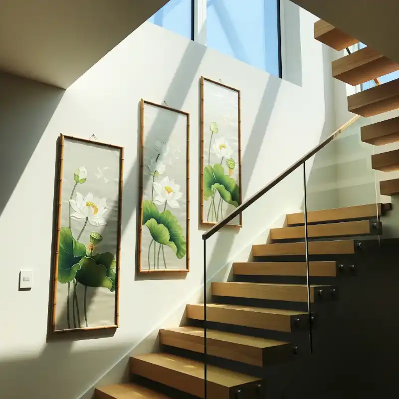 Tranh treo cầu thang sen trắng trên tường cầu thang.
