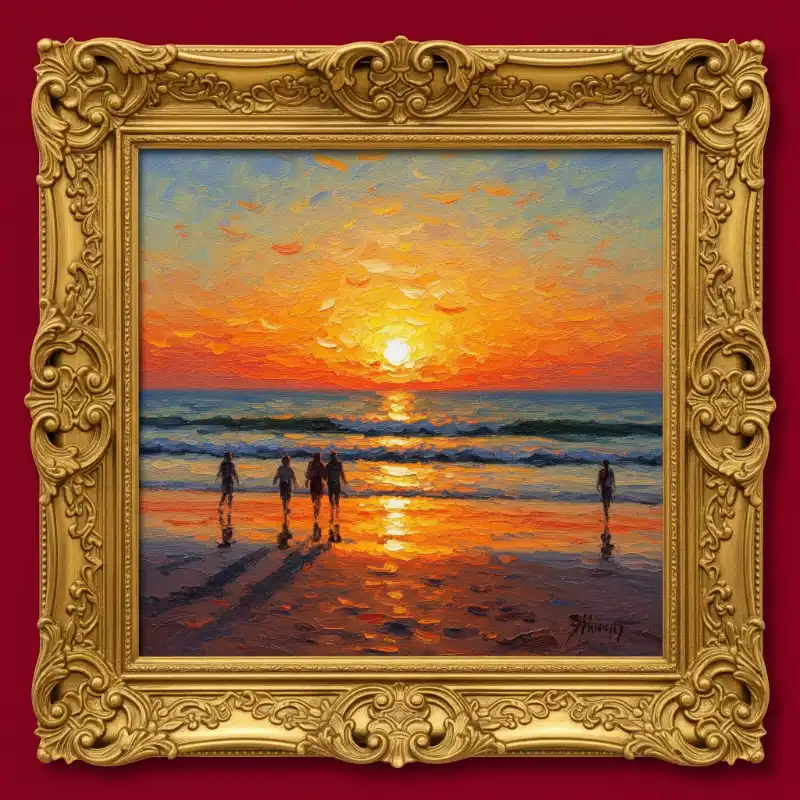 Tranh biển line art tối giản biểu tượng mặt trời và sóng.