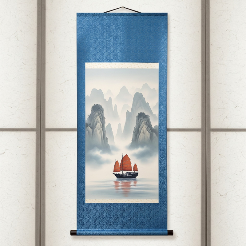 Tranh thuận buồm xuôi gió thuyền cổ giữa núi non sương khói