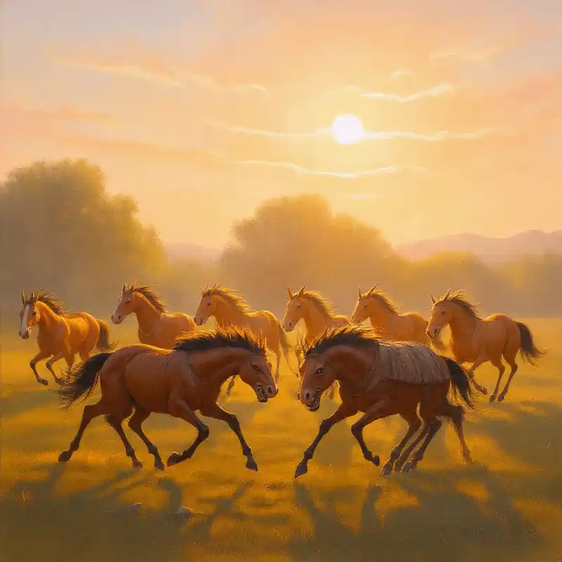 Ý nghĩa tranh Mã Đáo Thành Công cách treo thu hút tài lộc 27 Tranh Mã Đáo Thành Công tám ngựa vàng phi chiều hoàng hôn.