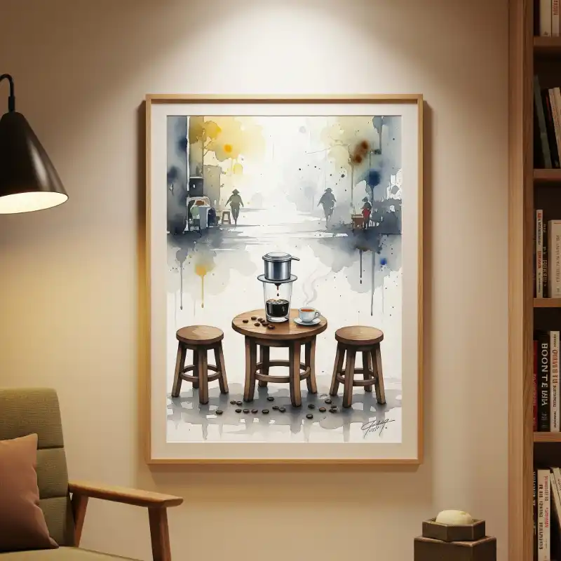 Tranh Phố Cổ Hà Nội cà phê phin vỉa hè giản dị.