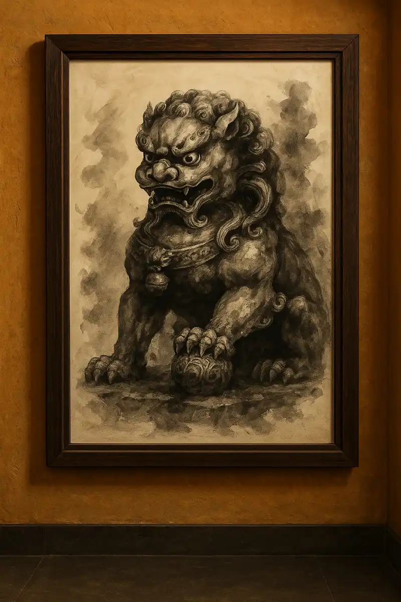 Tranh thờ họa phẩm tượng sư tử đá.