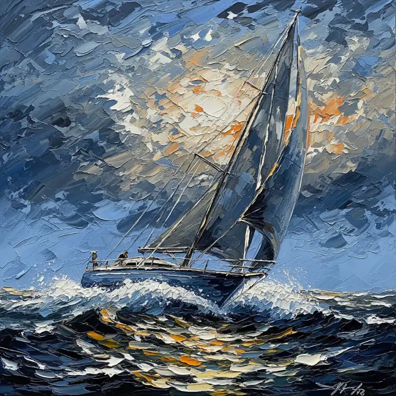 Tranh Thuận Buồm Xuôi Gió thuyền buồm vượt sóng gió lớn