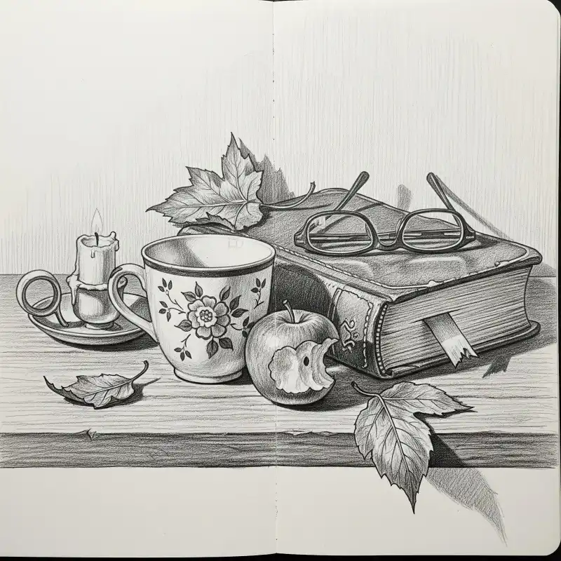 Tranh tĩnh vật sách, nến, ly, táo vẽ chì