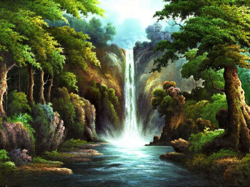 Tranh phong cảnh rừng và thác nước