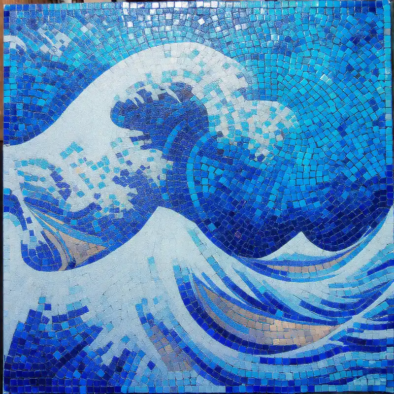 Tranh mosaic sóng biển xanh cuộn trào mạnh mẽ