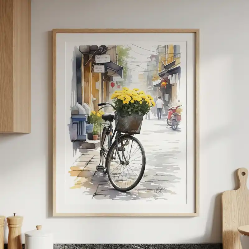 Tranh Phố Cổ Hà Nội xe đạp hoa trên đường đá.