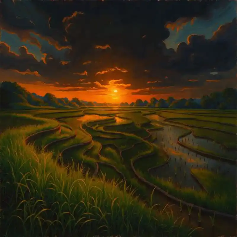 98+ Tranh ruộng bậc thang mùa lúa chín - Ý nghĩa phong thủy 35 Tranh ruộng bậc thang mùa lúa chín hoàng hôn trên các thửa ruộng bậc thang