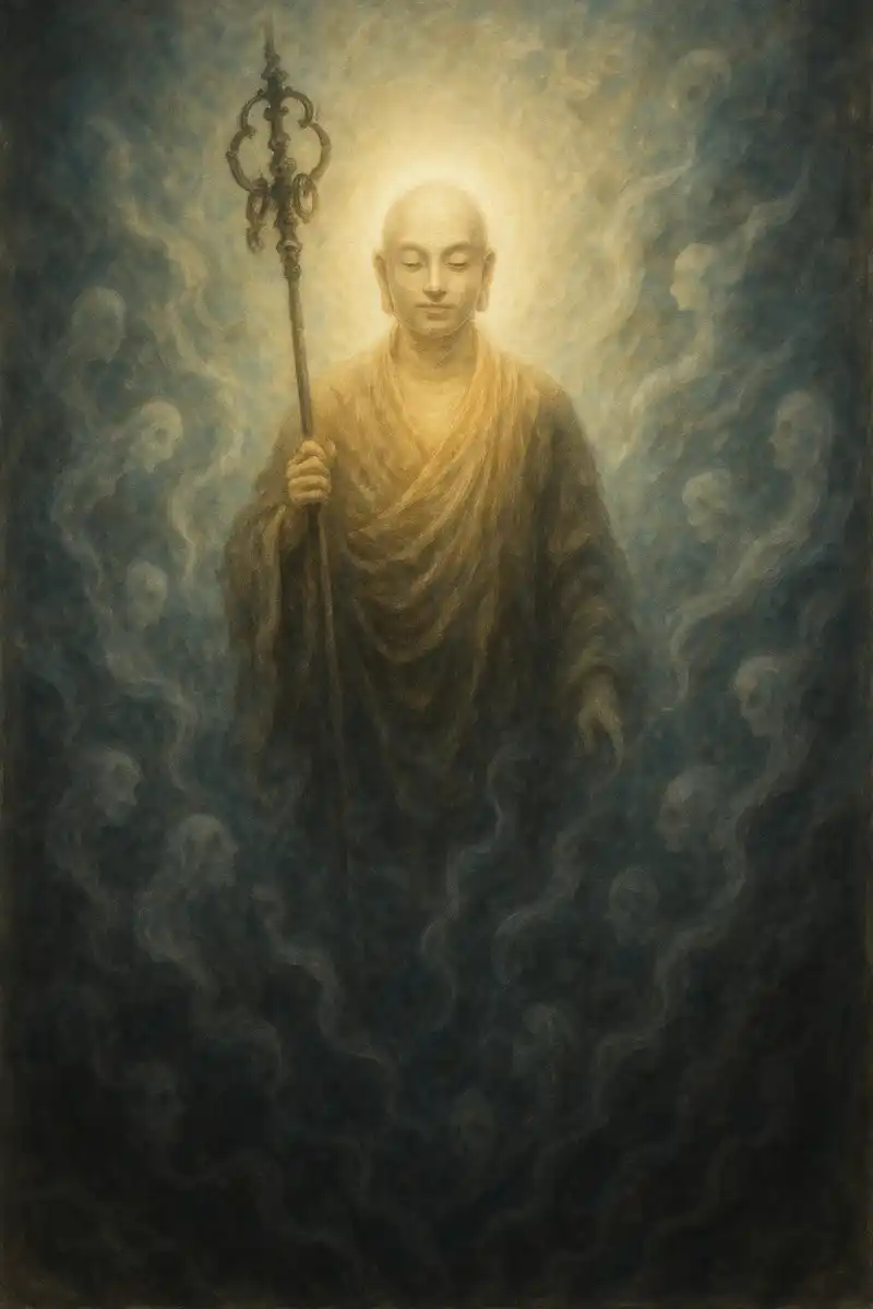 Tranh thờ vị sư trượng cầm tích trượng.