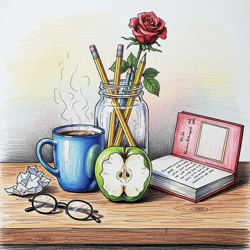 Tranh tĩnh vật cà phê, táo, bút, hoa hồng