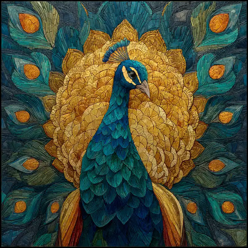 Tranh mosaic công vàng lộng lẫy, sắc xanh