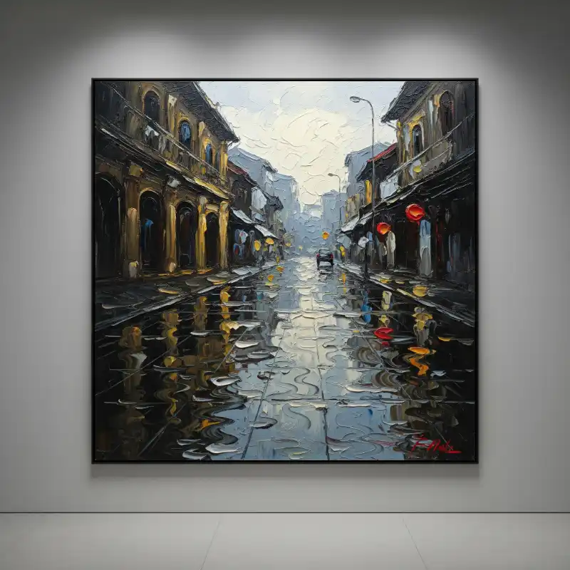 Tranh Phố Cổ Hà Nội đường phố ẩm ướt sau cơn mưa.