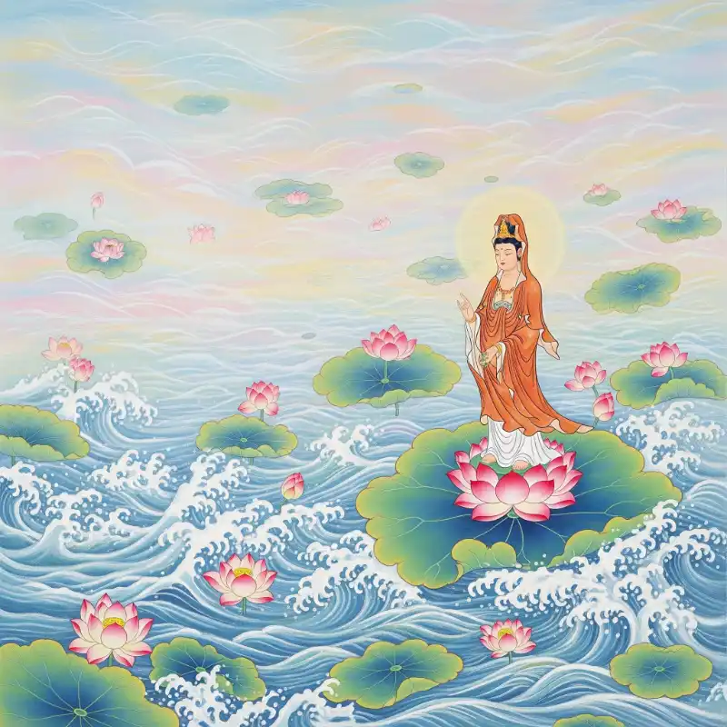 Tranh thờ quan Âm Bồ Tát đứng trên sen.