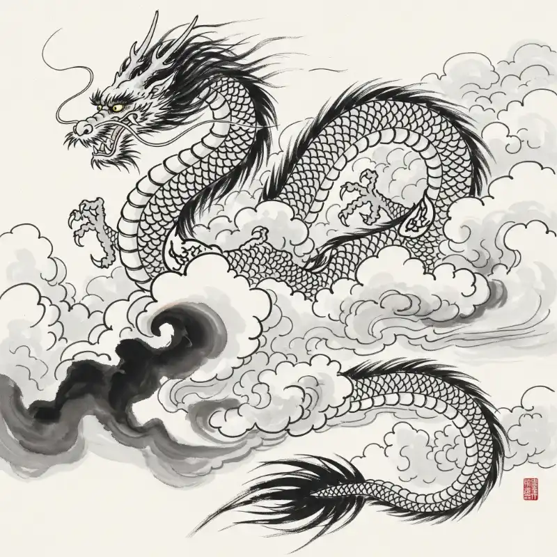 Tranh thủy mặc hắc long giữa biển mây.