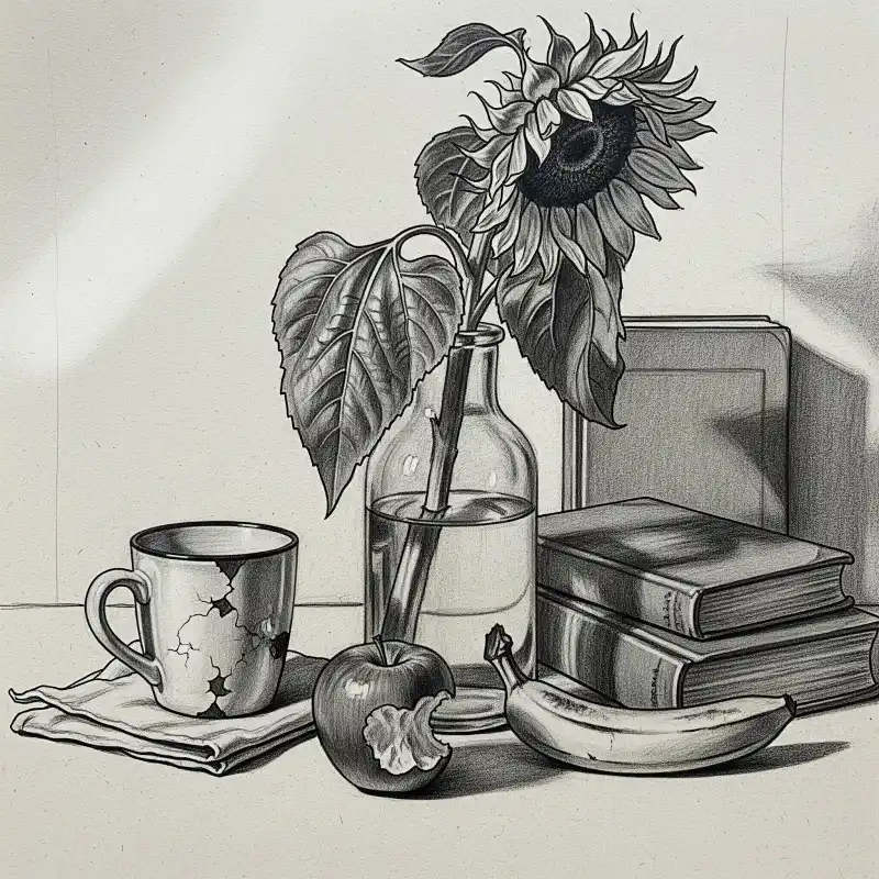 Tranh tĩnh vật hướng dương, sách, táo, chuối chì