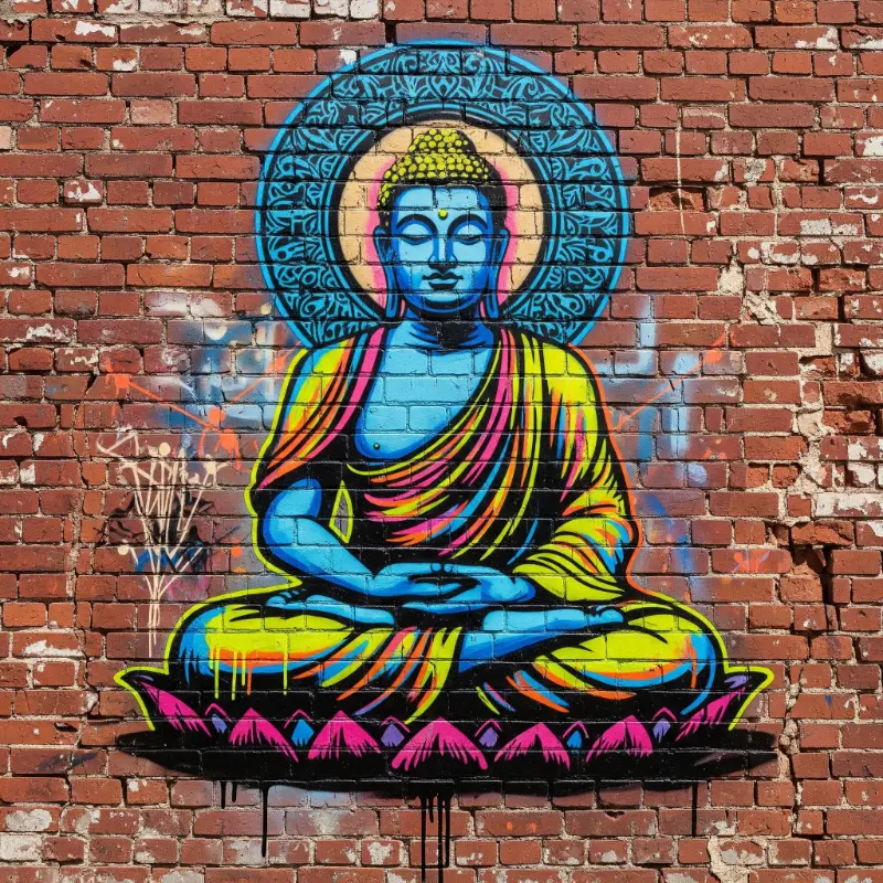 72. Tranh Phật phật graffiti rực rỡ tường gạch.