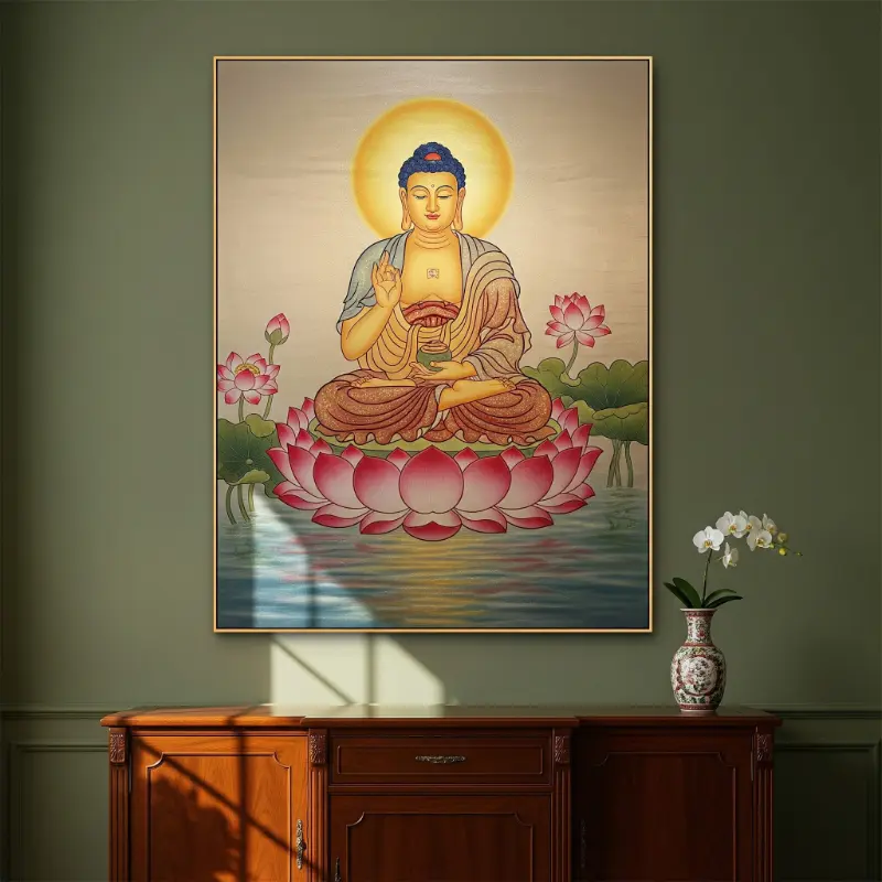 74. Tranh Phật phật ngồi thiền trên đài sen.