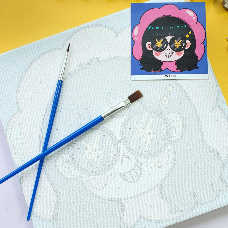 99+ Mẫu tranh số hóa treo tường đẹp, độc đáo và ấn tượng 19 Bức tranh tô số hóa cận cảnh với hình vẽ cô gái phong cách hoạt hình và cọ vẽ, kèm theo ảnh mẫu nhỏ.