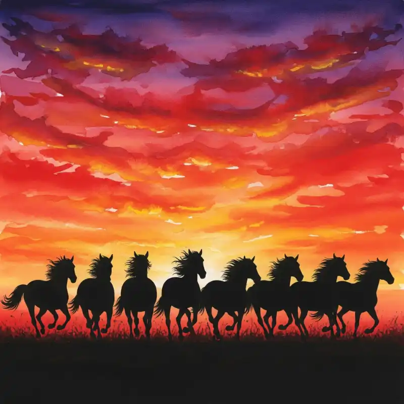 Ý nghĩa tranh Mã Đáo Thành Công cách treo thu hút tài lộc 30 Tranh Mã Đáo Thành Công bóng ngựa phi dưới hoàng hôn rực.