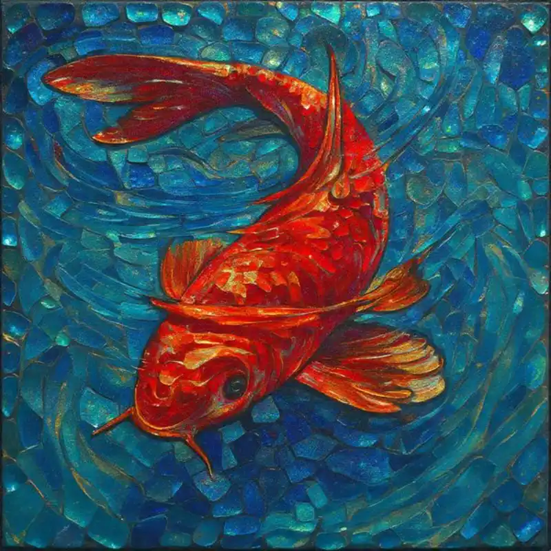 Tranh mosaic cá chép đỏ bơi trong nước