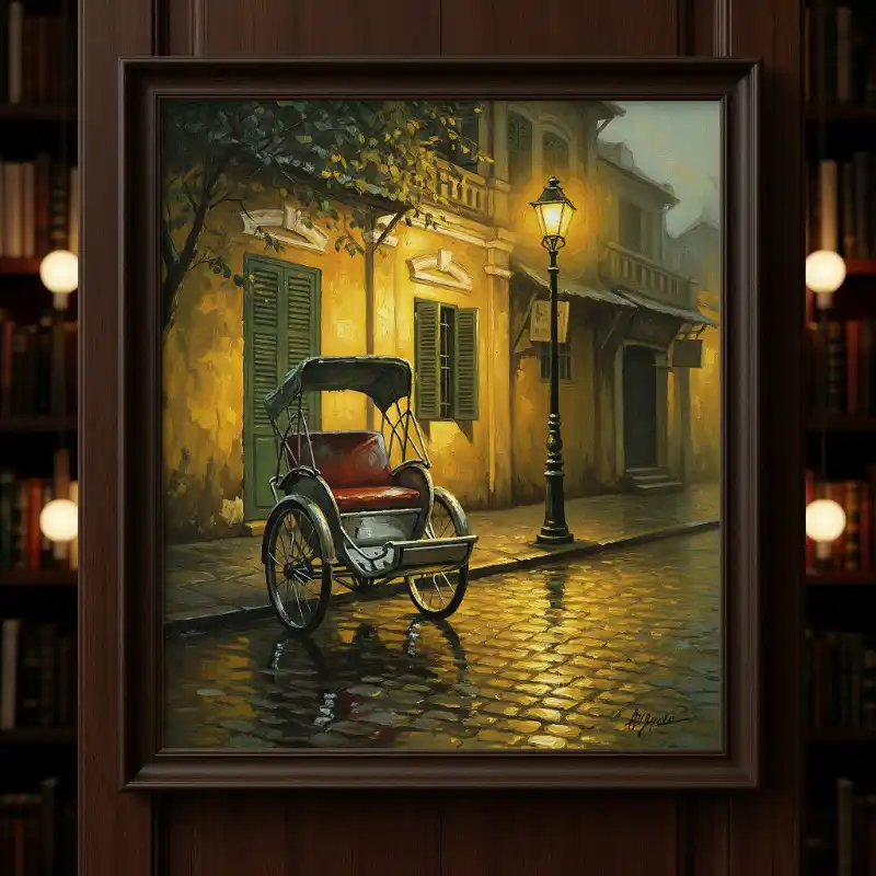 Tranh Phố Cổ Hà Nội xích lô đêm dưới ánh đèn vàng.