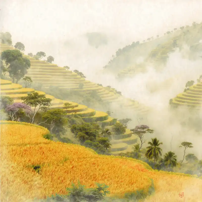 98+ Tranh ruộng bậc thang mùa lúa chín - Ý nghĩa phong thủy 37 Tranh ruộng bậc thang mùa lúa chín phong cảnh ruộng vàng mờ sương