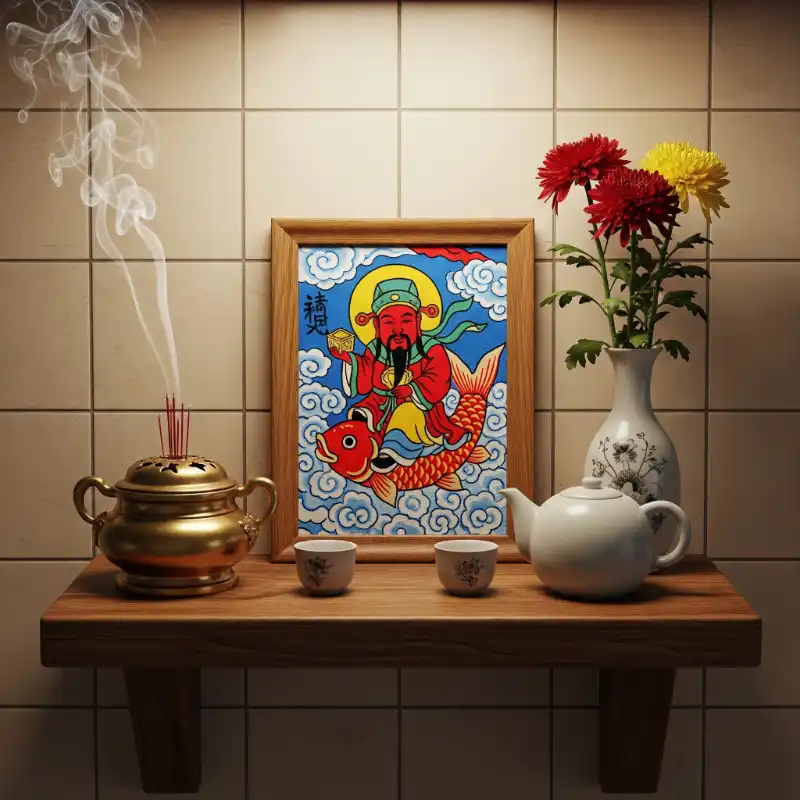 Tranh thờ thần Tài cưỡi cá chép.