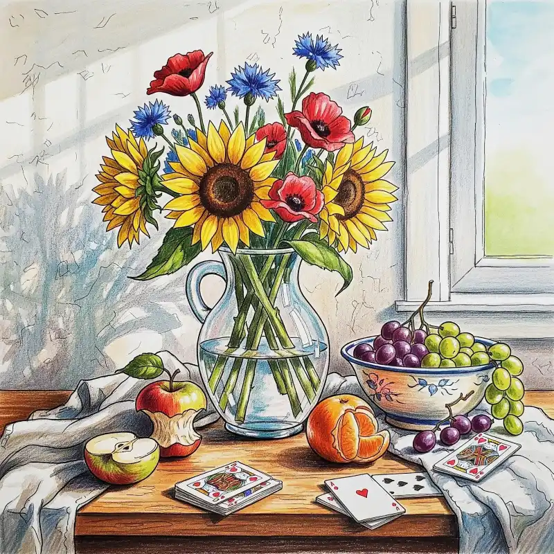 Tranh tĩnh vật hoa, trái cây, bài bên cửa sổ