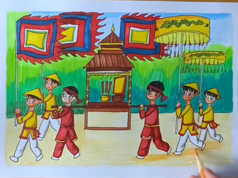 Tô màu hoàn thiện cho bức tranh vẽ giỗ tổ Hùng Vương