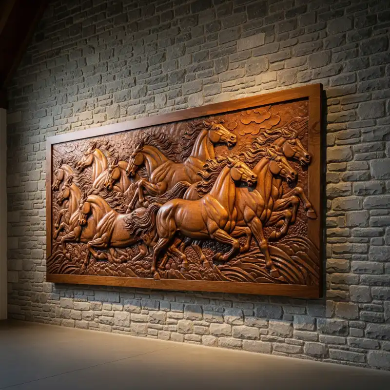 Ý nghĩa tranh Mã Đáo Thành Công cách treo thu hút tài lộc 31 Tranh Mã Đáo Thành Công phù điêu gỗ tám ngựa dũng mãnh.