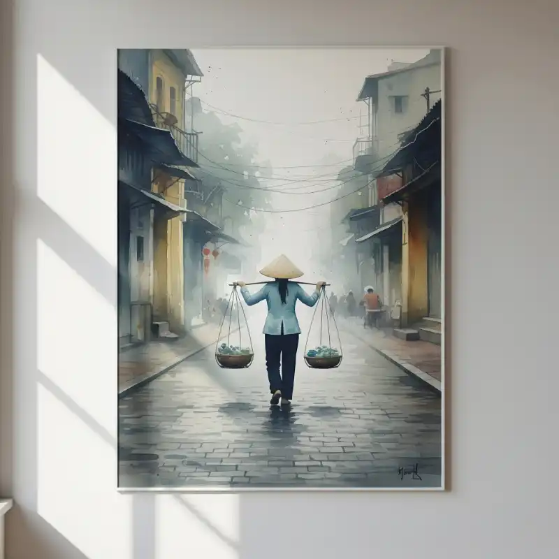 Tranh Phố Cổ Hà Nội gánh hàng rong giữa phố sương.