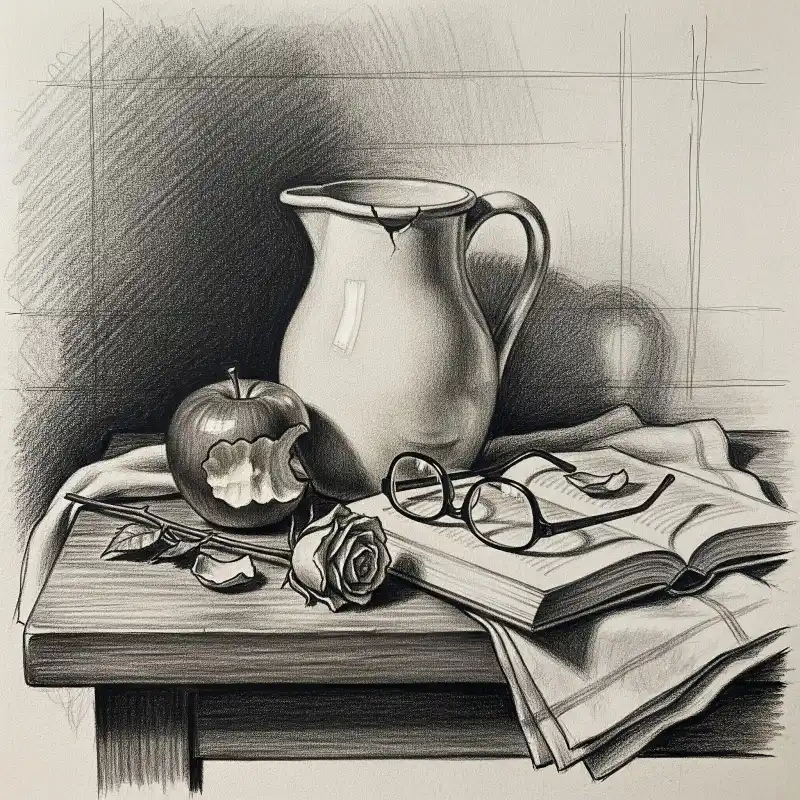 Tranh tĩnh vật bình, táo, sách, hoa hồng chì