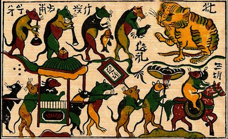 Tranh dân gian “Đám cưới chuột”, nổi tiếng với óc hài hước và tinh thần châm biếm sâu sắc về thói tham nhũng